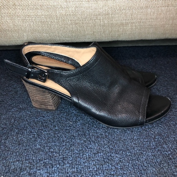 Franco Sarto Black Mandi Leather Block Peep Toe Heels Size 8 - Picture 1 of 10